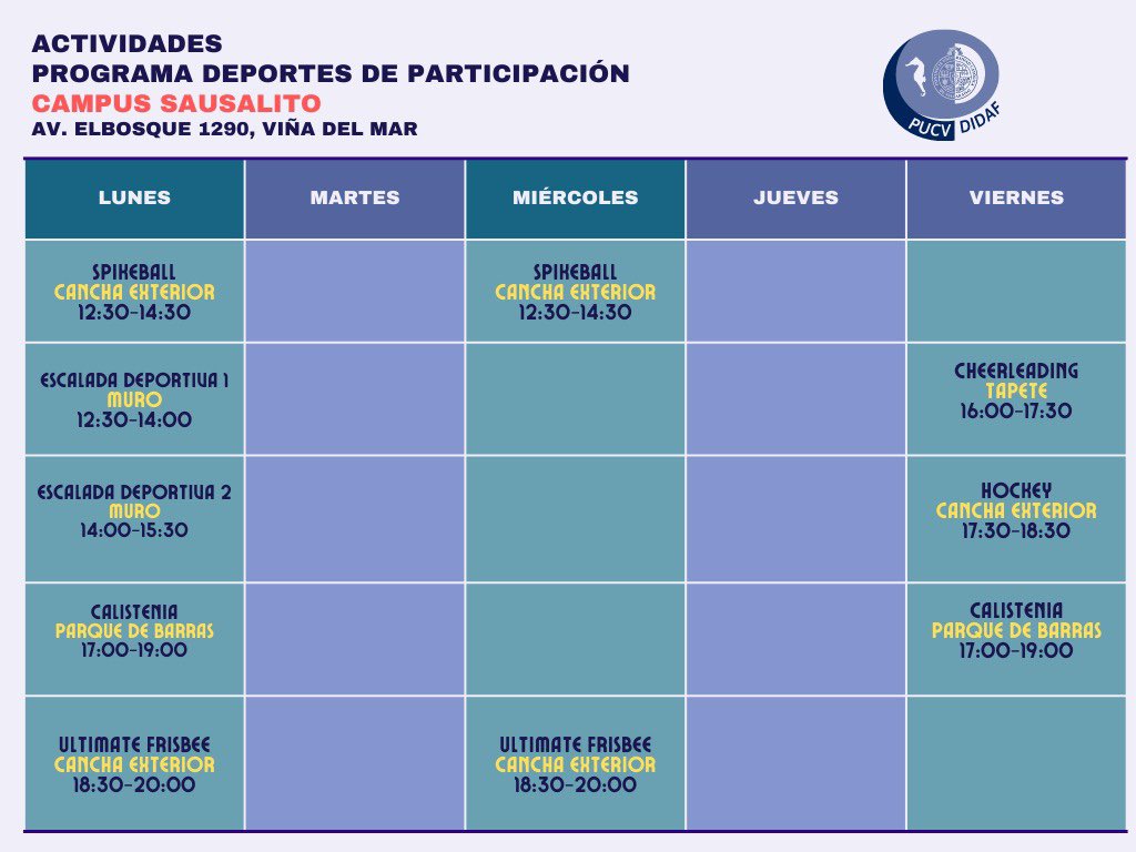deportespucv's tweet photo. Iniciamos nuestra oferta de actividades  del programa Deportes de Participación 2023. https://t.co/7AAQPjHrDa