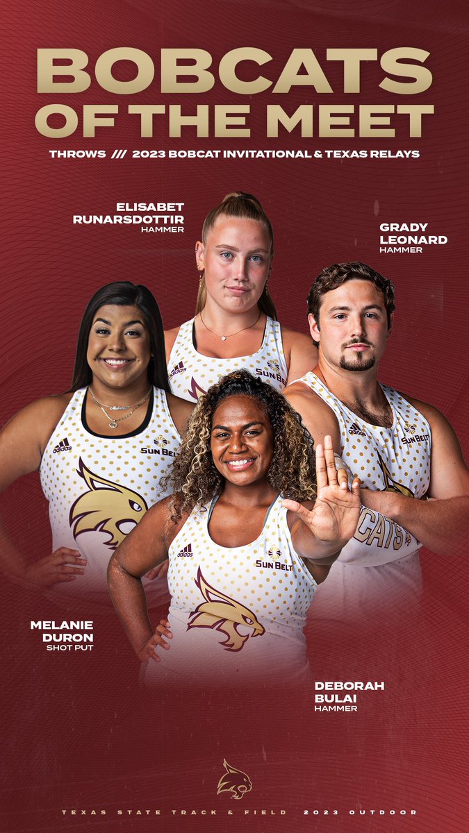 TXStateTrack's tweet photo. 𝗧𝗵𝗶𝘀 𝗪𝗲𝗲𝗸'𝘀 𝗕𝗼𝗯𝗰𝗮𝘁𝘀 𝗼𝗳 𝘁𝗵𝗲 𝗠𝗲𝗲𝘁

Standout performers from a standout weekend

Sprints, hurdles, multis, jumps, throws 👀

#EatEmUp https://t.co/XCz181CsNO