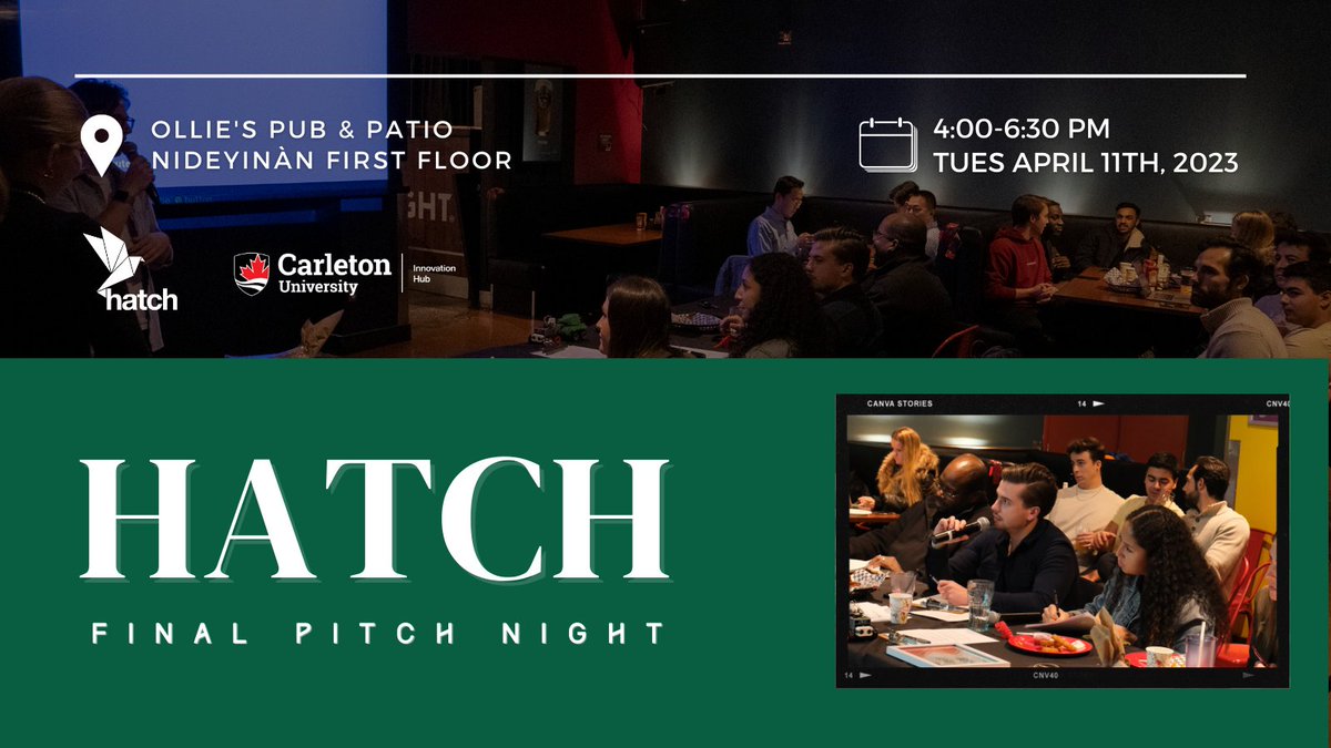 Innovation Hub at Carleton University (@innovate_cu) on Twitter photo Join us, Tuesday, April 11th for an evening of innovation & creativity for our Hatch Pitch Night! Located on campus at Ollies, the event will go from 4:00 pm to 6:30 pm, showcasing the best and brightest ideas coming out of our Hatch program!  RSVP here: eventbrite.ca/e/final-pitch-… Join us, Tuesday, April 11th for an evening of innovation & creativity for our Hatch Pitch Night! Located on campus at Ollies, the event will go from 4:00 pm to 6:30 pm, showcasing the best and brightest ideas coming out of our Hatch program!  RSVP here: eventbrite.ca/e/final-pitch-…