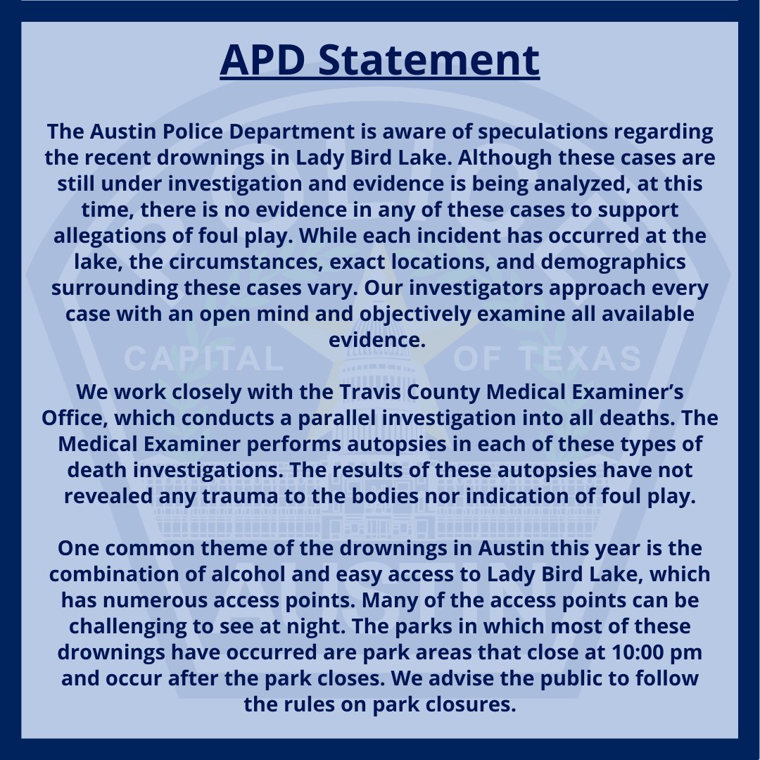 Austin_Police's tweet image. APD Statement on Lady Bird Lake Drownings