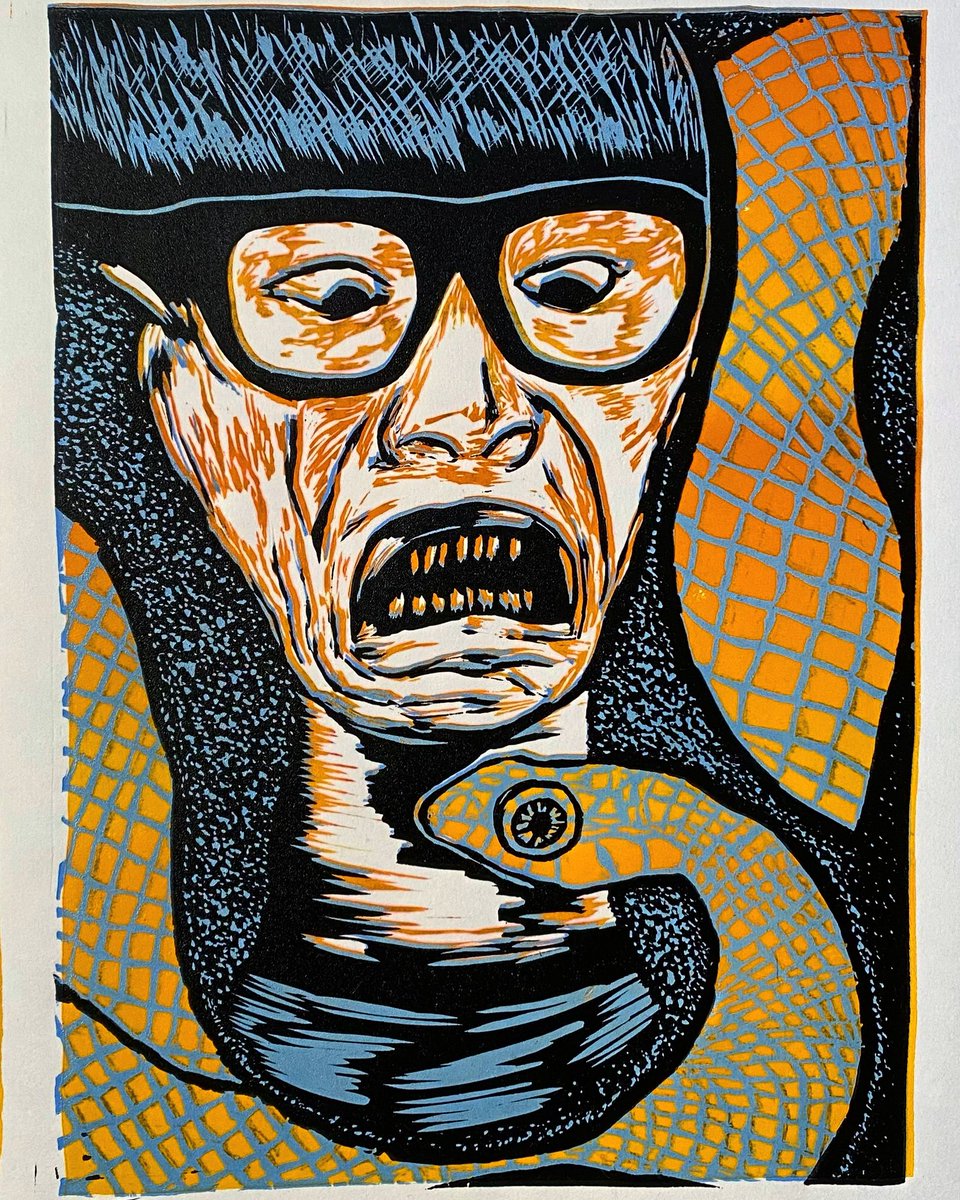 DuckSoups's tweet photo. Back at it, watch out for 🐍 🐍 #printmaking #prints #linocut #linoprint #reduction #printmaker #tetsuo #carve #blockprint https://t.co/EjKTlSGC0t