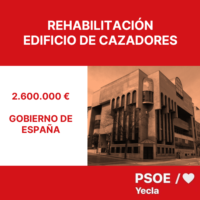 SocialistaYecla's tweet photo. El Gobierno de España sigue apostando por #Yecla. En esta ocasión el Ministerio de Transporte, Movilidad y Agenda Urbana @mitmagob ha concedido una subvención de 2.600.000€ para la rehabilitación del edificio de cazadores como centro multifuncional de ocio https://t.co/PdmfQlryYy
