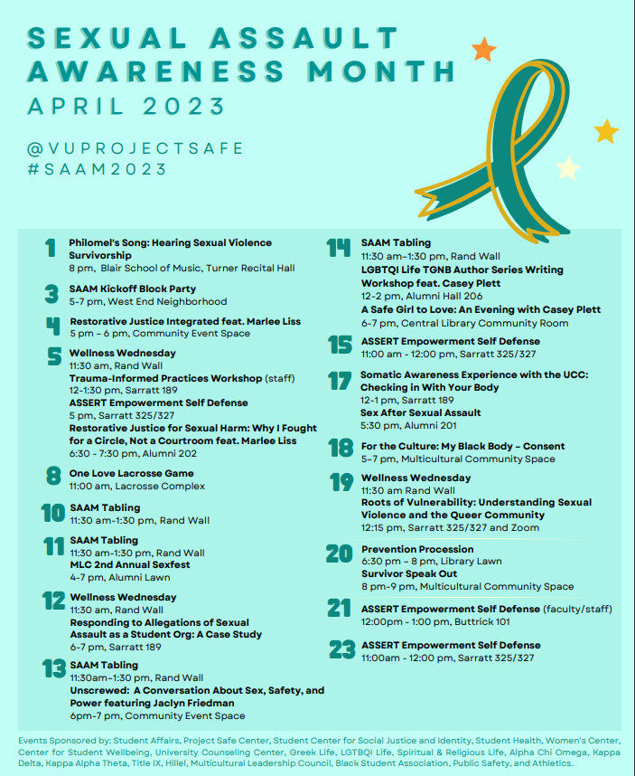 April is Sexual Assault Awareness Month!
Follow <a href="/VUProjectSafe/">VU Project Safe Center</a> for more info!