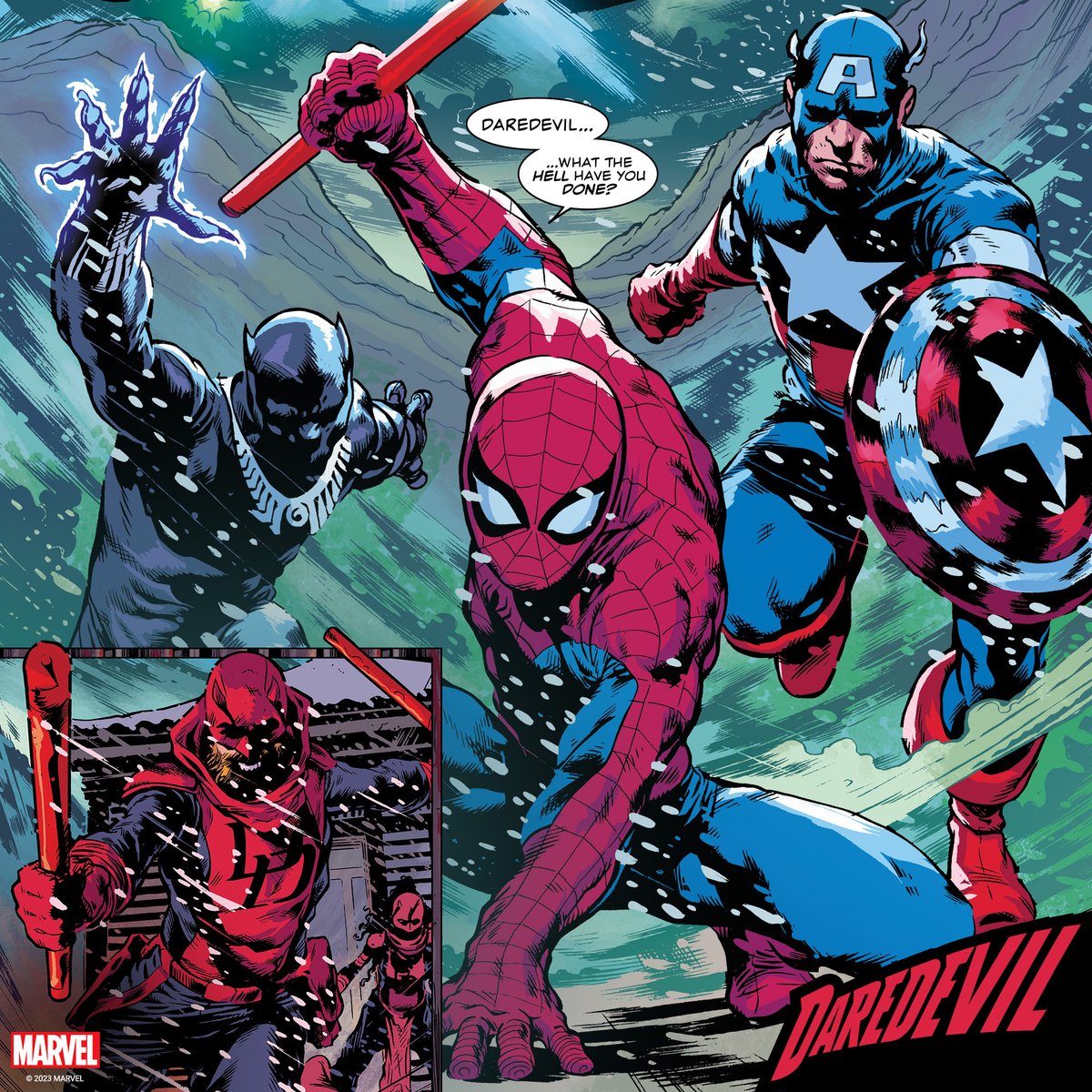 Daredevil's tweet photo. It's time to bring Daredevil in. 'Daredevil' #9 by @zdarsky and Manuel García is out now. 🔥 https://t.co/5zAxar0jDf
