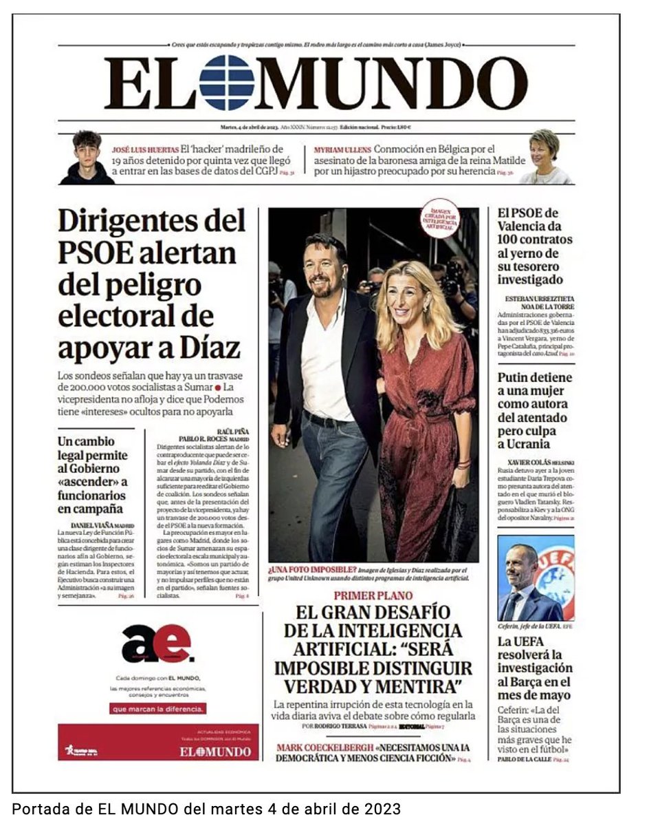 BrunoThevenin's tweet photo. ESTO ES MUY GRAVE

El diario El Mundo usa en su portada del dia 4 de abril 2023 una foto creada por inteligancia artificial

Lo certifican con una pequeña nota a su lado de 2cm, pero eso no lo justifica. Es un antetando gravisimo contra el periodismo y es intolerable https://t.co/9WQTpxSFqT