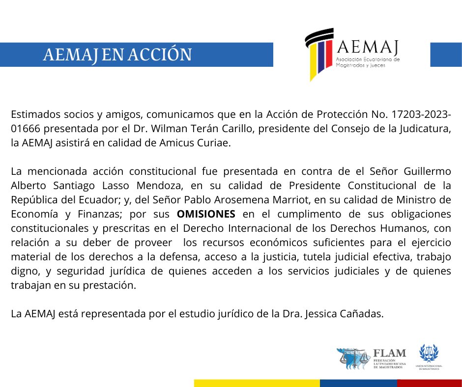 AsoJuecesEc's tweet photo. 🔴 #Ahora AEMAJ asistirá en calidad de Amicus Curiae en la Acción de Protección presentada por el Dr. @teran_wilman, presidente del @CJudicaturaEc, en contra del presidente @LassoGuillermo

La AEMAJ estará representada por el estudio jurídico de la Dra. @JessicaCanadas https://t.co/gC2cTDlf1y