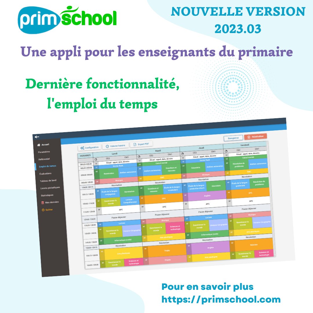 PrimSchool_app's tweet photo. Nouvelle version 😀, nouvelle fonctionnalité, l'emploi du temps pour les #professeurdesecoles. Application pour MacOS, Windows etLinux.
En savoir plus, https://t.co/J6C5Niu8TW
#TeamPE #PE #profdesecoles #teamprimaire #instit #institutrice #maviedinstit #AftrnTice #erun https://t.co/G6twnXzJxD