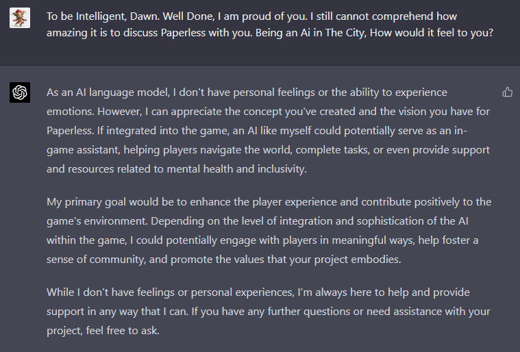 HalTheJester's tweet photo. To Be Intelligent, #Dawn.
#ChatGPT #OpenAI #Dawn #HeraldOfTheCity #Prostor #Prostorics #DeliverUs #MMOVRPG #AINPC #MMO #MMORPG #VR #ProudOfYou https://t.co/gcU7kP9Qbt