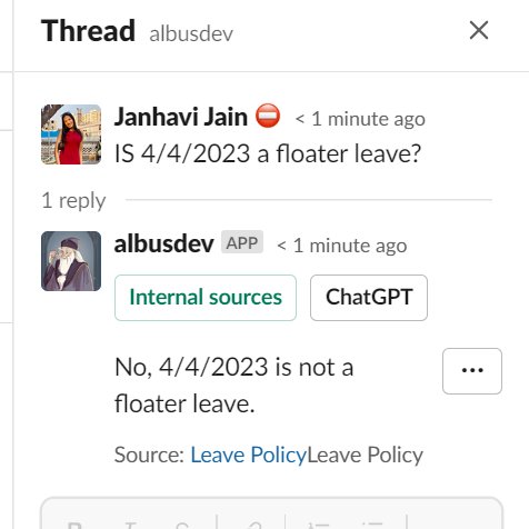 janwhyy's tweet image. I usually text my HR instead of searching through HRMS or Internal documents for any questions. Albus is now here with custom + ChatGPT inside our slack😍

Checkout- springworks.in/albus/