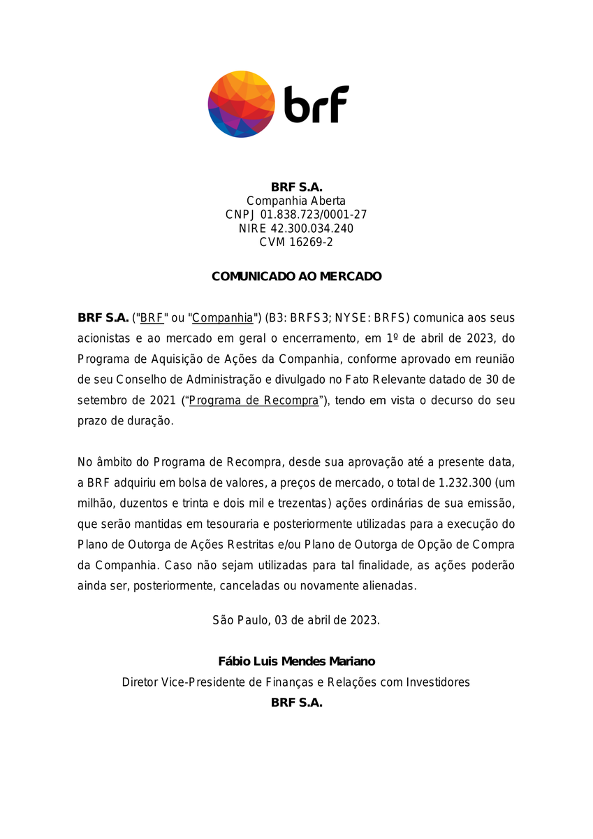 CalixtoCapital's tweet image. #BRFS | BRF SA | Comunicado ao Mercado