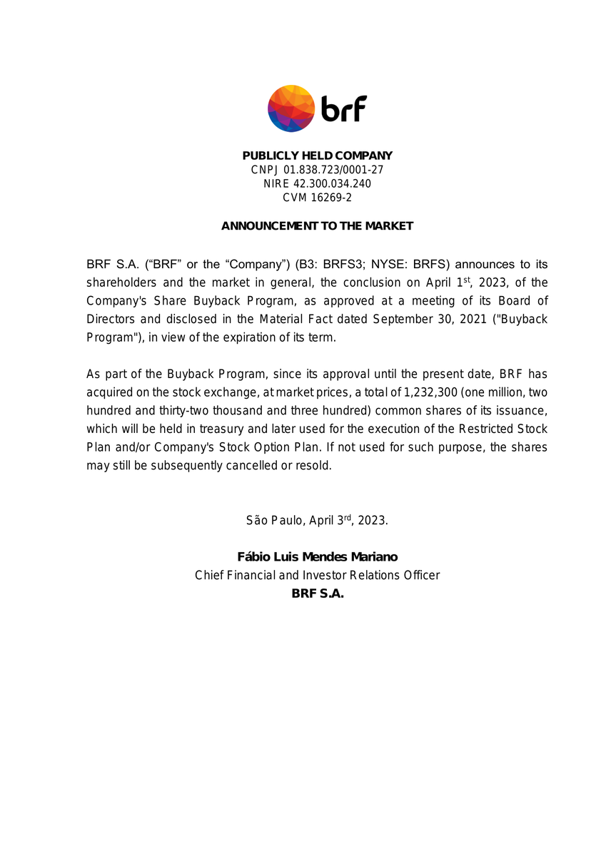 CalixtoCapital's tweet image. #BRFS | BRF SA | Comunicado ao Mercado