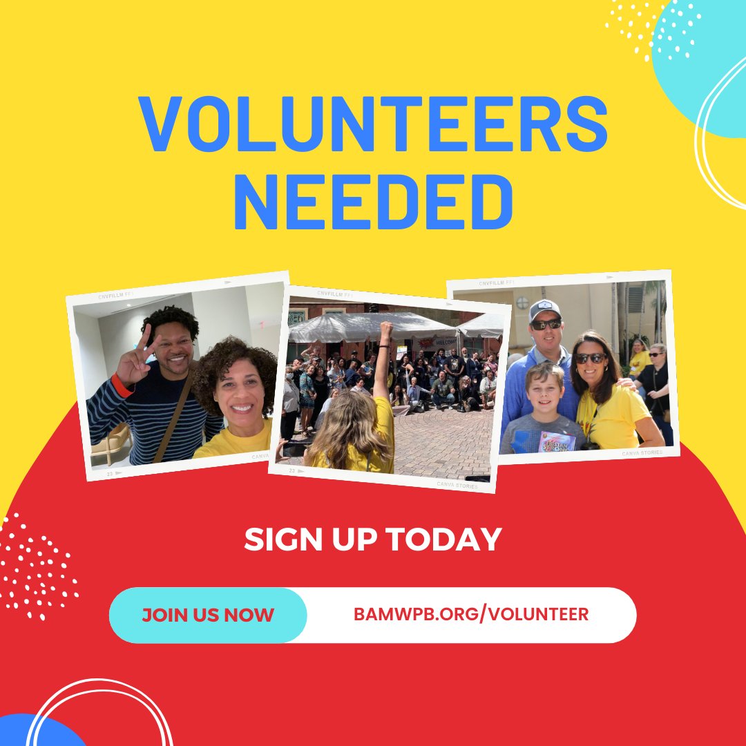booksartmusicfl's tweet photo. Are you interested in supporting #BAM2023? Then why not volunteer? Spots are still available, sign up here to help: https://t.co/Dcekm3bIsv. #volunteer #bookfestival #bamwpb #bamwpb2023 https://t.co/wmUS39wYig