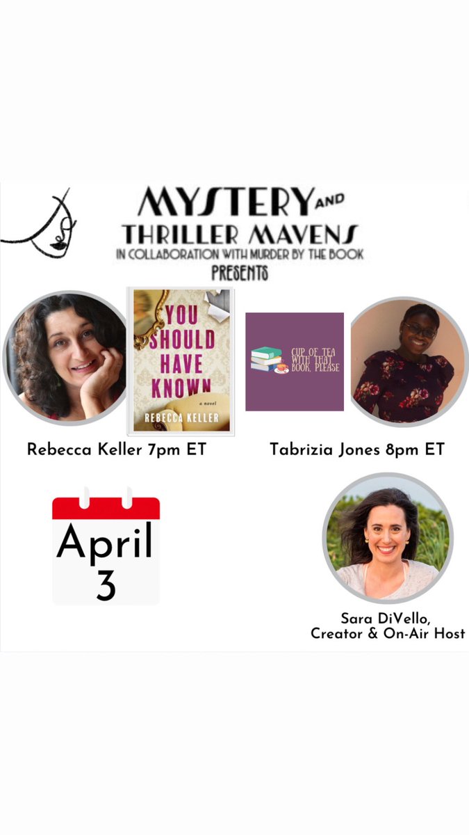 Mystery and Thriller Maven (@thrillermaven) on Twitter photo Counting down until I host <a href="/keller_reb/">RebeccaKeller</a> and @CupofteaJones LIVE TONIGHT at 6&7 CT / 7&8 ET with my #partnerincrime <a href="/murderbooks/">Murder By The Book</a>! We’ll get the scoop on #YouShouldHaveKnown and @CupofteaJones will her top #mystery and #thriller reads live on FB & YouTube bit.ly/3jfpJ84 Counting down until I host <a href="/keller_reb/">RebeccaKeller</a> and @CupofteaJones LIVE TONIGHT at 6&7 CT / 7&8 ET with my #partnerincrime <a href="/murderbooks/">Murder By The Book</a>! We’ll get the scoop on #YouShouldHaveKnown and @CupofteaJones will her top #mystery and #thriller reads live on FB & YouTube bit.ly/3jfpJ84