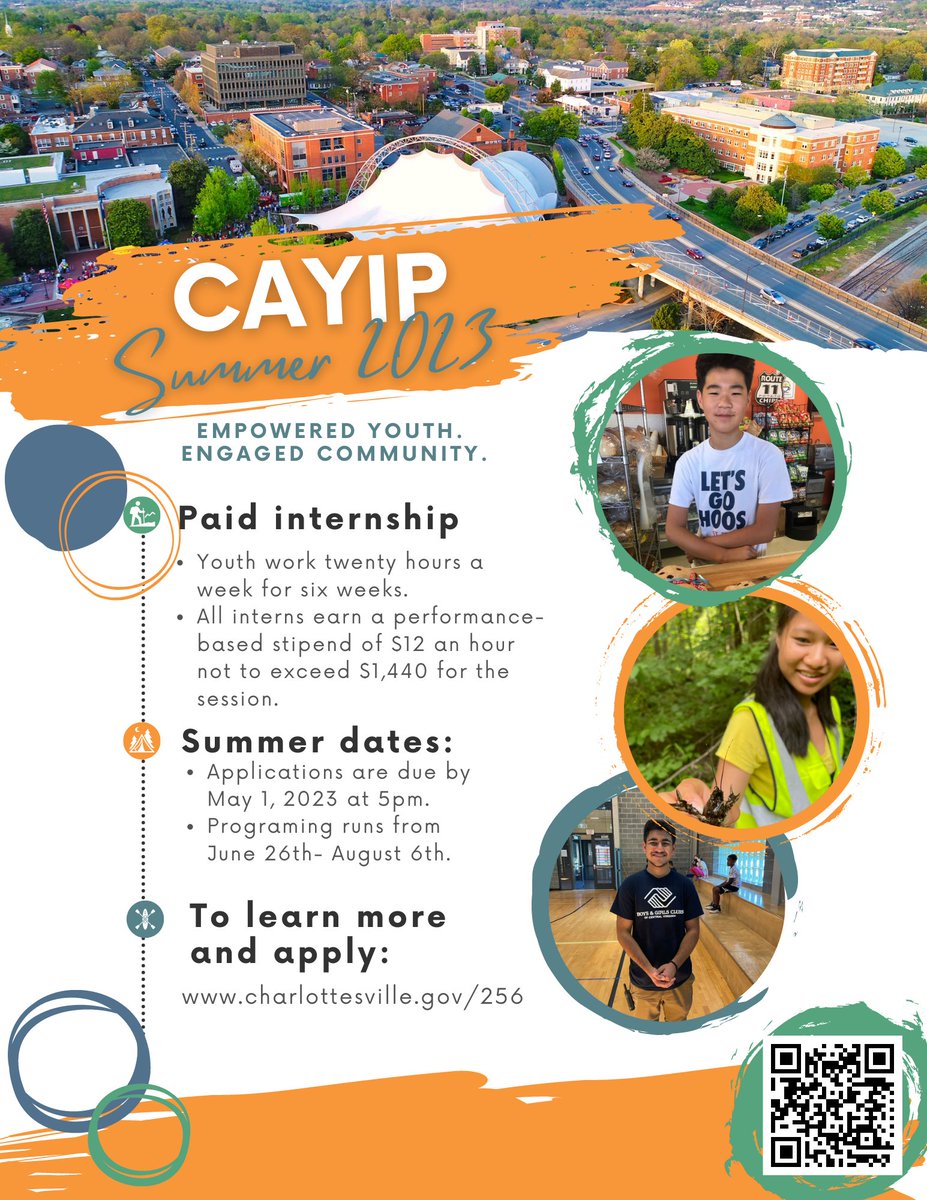 CAYIPCville's tweet photo. It's officially here: CAYIP Summer 2023!
This session, interns will have the ability to work twenty hours a week for six weeks and earn up to $12 an hour!

For more info and to apply: https://t.co/FiFSYWrPFT

#engagedcommunity #cville #intern https://t.co/TZYqJcUUxh