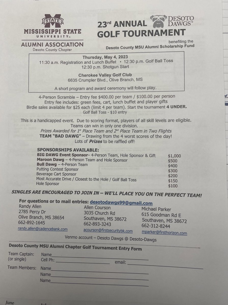 We are 1 month away from this great golf tournament to raise scholarship money for Desoto County Seniors. Many ways to contribute even if you don’t play golf. See flyer. #HailState