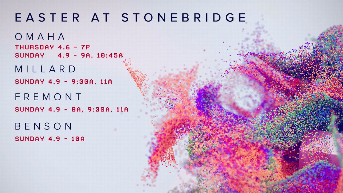 StoneBridgeNE's tweet image. Celebrate Easter with us at StoneBridge!

Easter changed everything, and our hope is that it changes everything for you!

If you’re headed out of town, things kick off Thurs, April 6 at our Omaha campus at 7p. Or, join us at any campus on Sunday!

sb.church