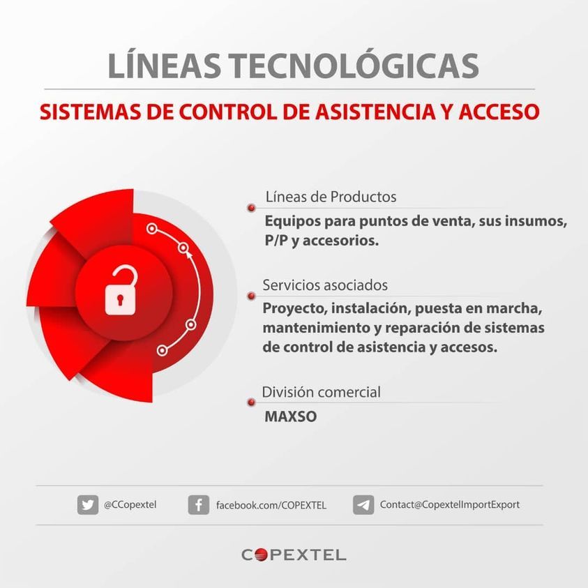 CCopextel's tweet photo. #Copextel al servicio de un país brindando tecnología con profesionales y técnicos de calidad.
#CopextelMaxso se encarga de los Sistemas de Control de Asistencia y Acceso tanto en comercializar sus productos e insumos como los servicios asociados. https://t.co/Z8TZCgGROa