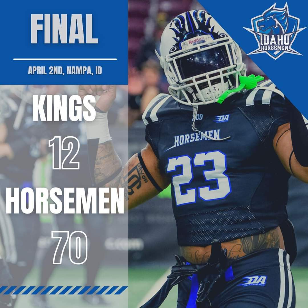 Idaho_Horsemen's tweet photo. 🏈🔥 The Horsemen are off to an incredible start for the 2023 season! 🐎💨 Our new black uniforms made a statement and we dominated from start to finish with a 70-12 victory over the Las Vegas Kings. We want to give a big shoutout to all of our amazing fans https://t.co/3UcM1lnzDa