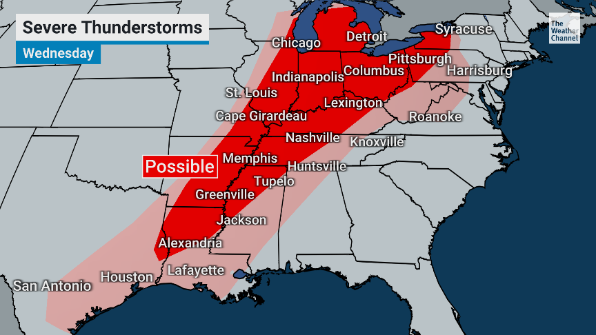 VAlonsoWeather's tweet photo. An active next two days are expected due to another round of #severeweather. Damaging winds, large hail & a few strong tornadoes are possible. Stay #weatheraware and catch the latest #weatherforecast for your city anytime/anywhere on the free @LocalNow app. #weather #localnowwx https://t.co/xxQLLEqP1X