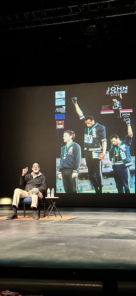 Wow! Another amazing event presented by ⁦<a href="/EDE4CCSD/">Equity & Diversity</a>⁩ Dr. John Carlos letting us know what was really going in that iconic Olympic photo: No shoes-for Americans that faced poverty, beads- representing the lynchings occurring in the South, and a fist of love for humanity!💪🏽❤️