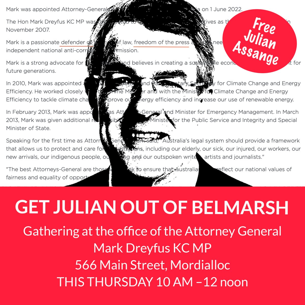 Melbourne4Wiki's tweet photo. Melbourne Event 
THIS THURSDAY  
6 April 10 AM—12 noon 

Gathering at the office of the Attorney General to demand justice for the heroes who hold power to account. The information revealed by Assange @MurdochCadell and @Richard_D_Boyle is in the public interest. https://t.co/KVz2WGWwgo