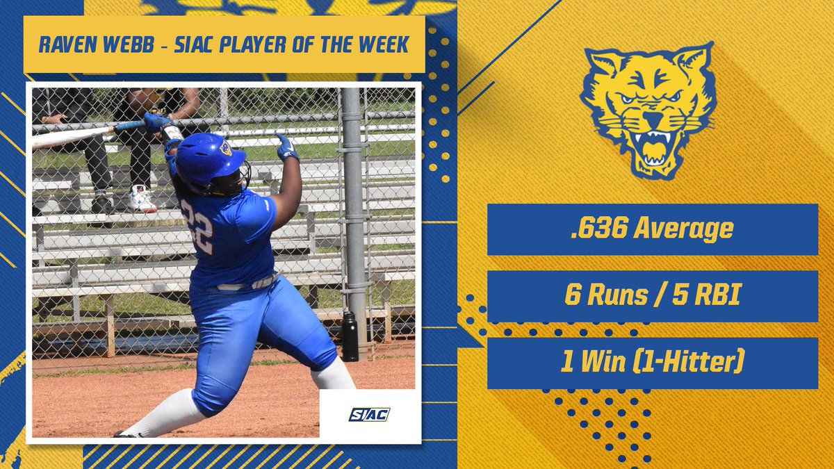 FVSU Sports (@fvsuathletics) on Twitter photo Leading the <a href="/fvsu_softball/">FVSU Softball</a> offensive attack, Raven Webb received the @theSIAC Player of the Week award! The freshman lined 7 hits in 11 at-bats (.636) with 6 runs scored, 3 doubles, and 5 RBI hitting and threw a 1-hitter to win Game 2 pitching! #ValleyTough Leading the <a href="/fvsu_softball/">FVSU Softball</a> offensive attack, Raven Webb received the @theSIAC Player of the Week award! The freshman lined 7 hits in 11 at-bats (.636) with 6 runs scored, 3 doubles, and 5 RBI hitting and threw a 1-hitter to win Game 2 pitching! #ValleyTough