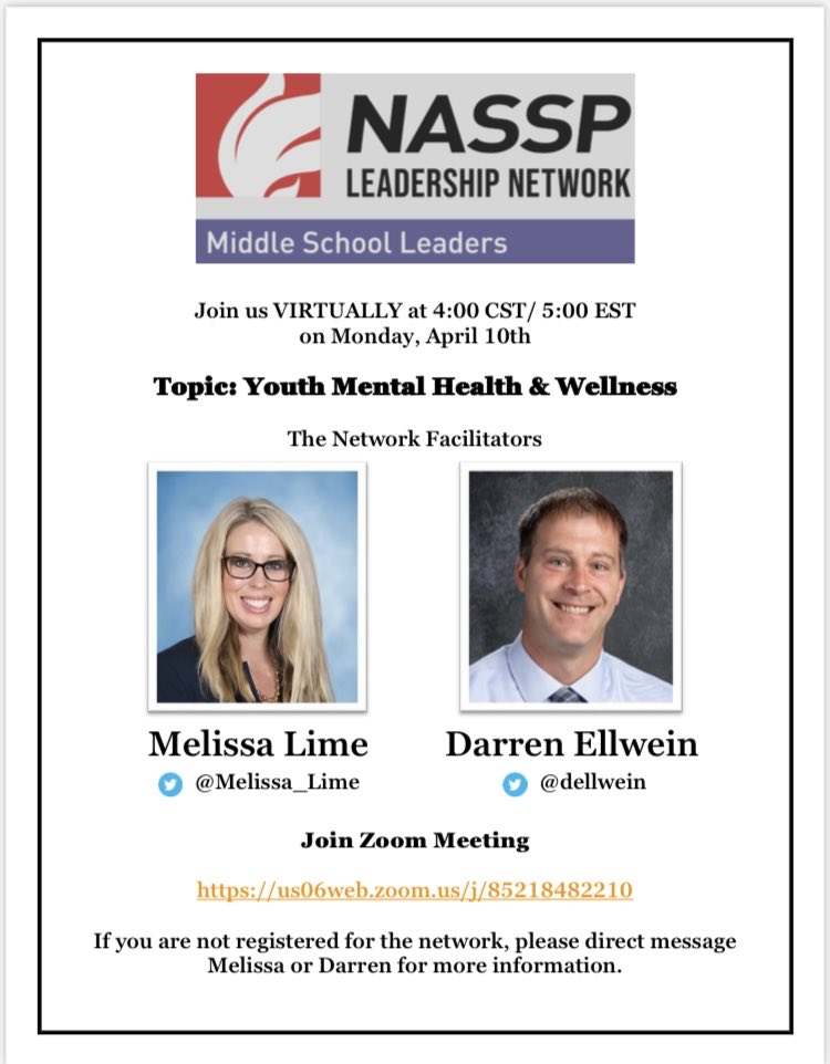 ⁦⁦⁦<a href="/NASSP/">National Assoc. of Secondary School Principals</a>⁩ Middle School Leaders Network is hosting their monthly meeting on Monday, April 10th. We are looking forward to sharing best practices for supporting students emotional wellness &amp; mental health. Let’s connect &amp; collaborate! ⁦<a href="/dellwein/">Darren Ellwein</a>⁩