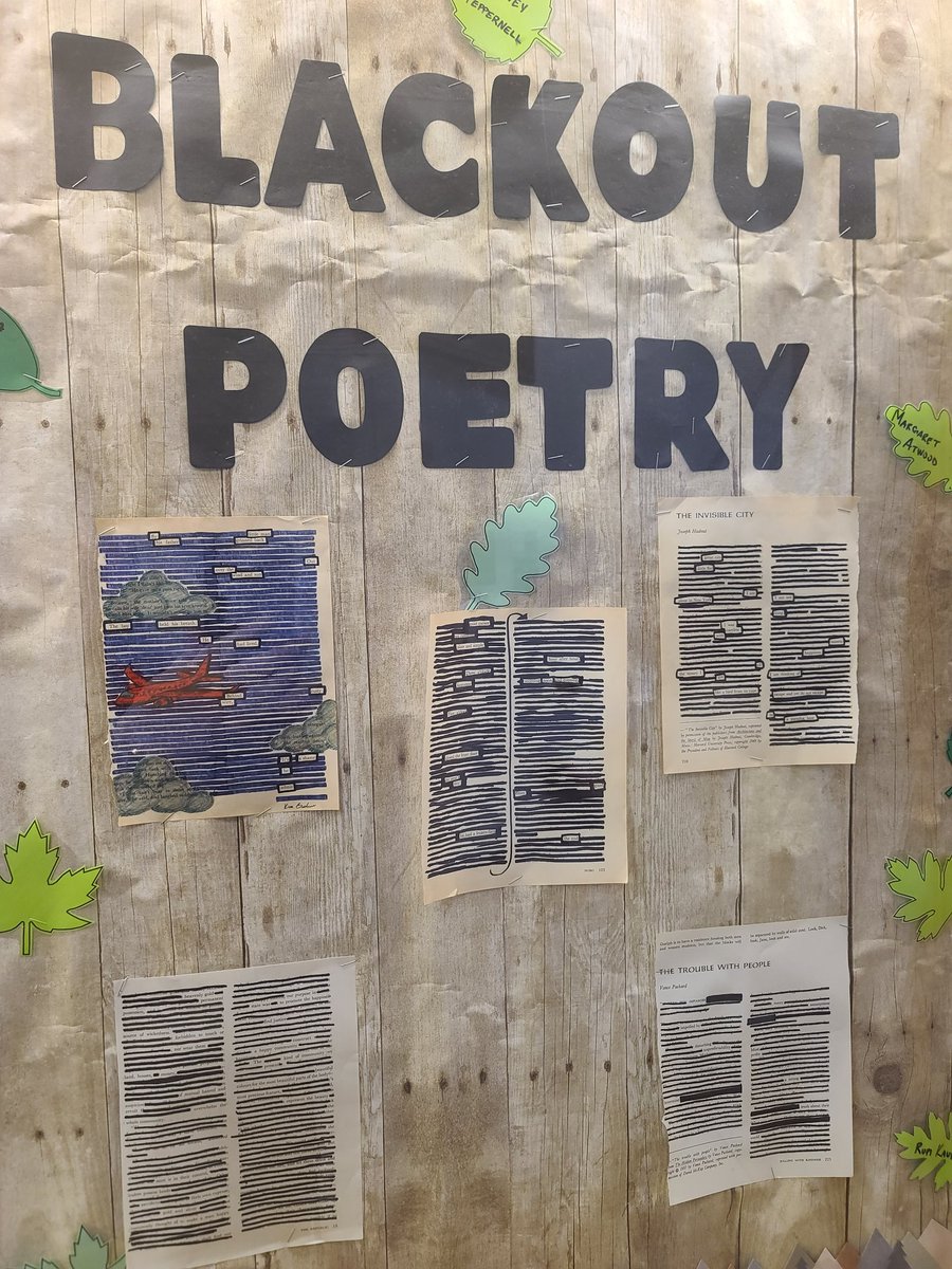 For April's poetry month, our SLA (student library associates) has created a display about blackout poetry, keeping only the words to make a new poem. 
<a href="/StoonPubSchools/">Saskatoon Public Schools</a>