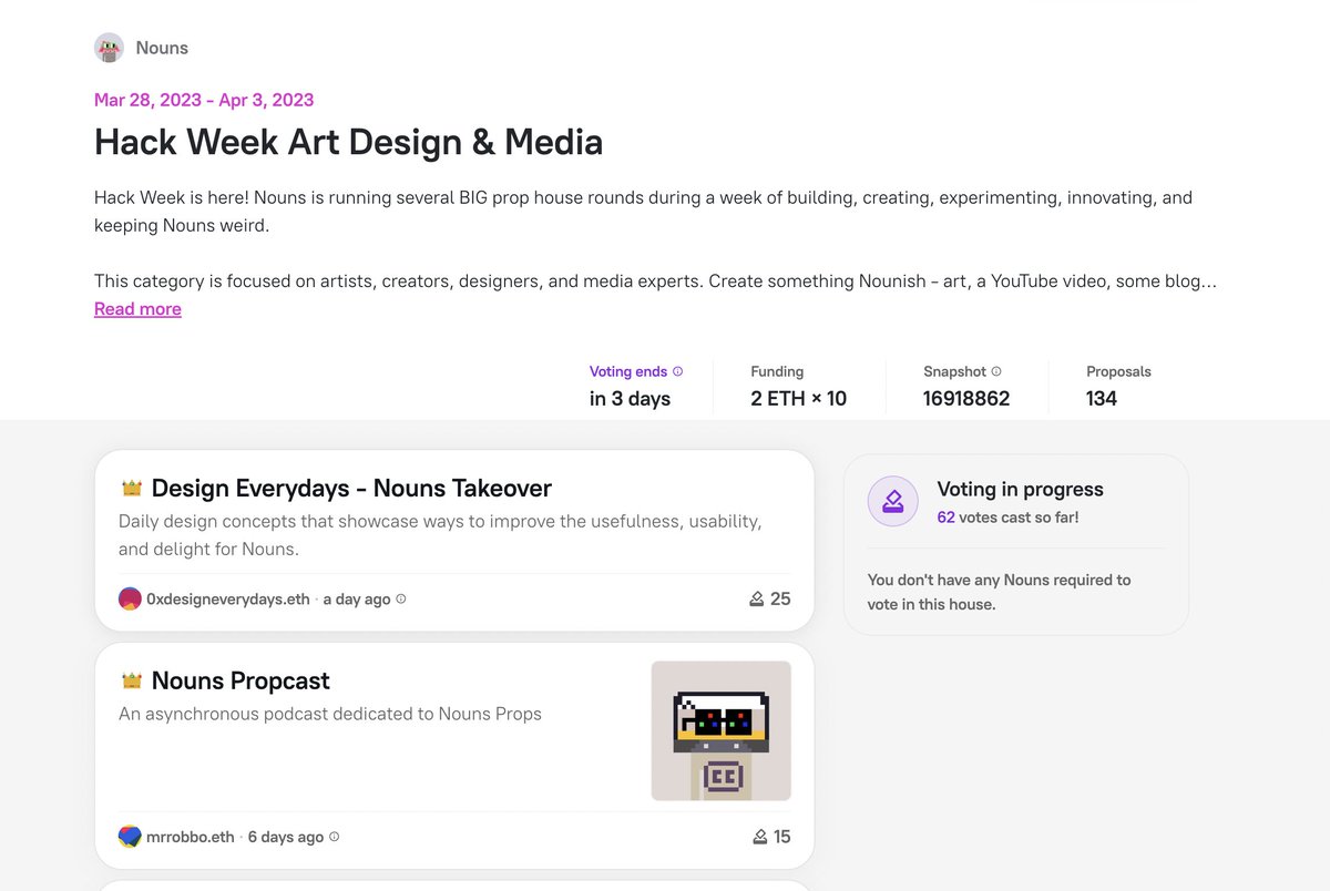 Hey all, we've added the propcast to <a href="/nounsdao/">Nouns</a> hack week. If you have any spare votes we would appreciate it :) prop.house/nouns/hack-wee…