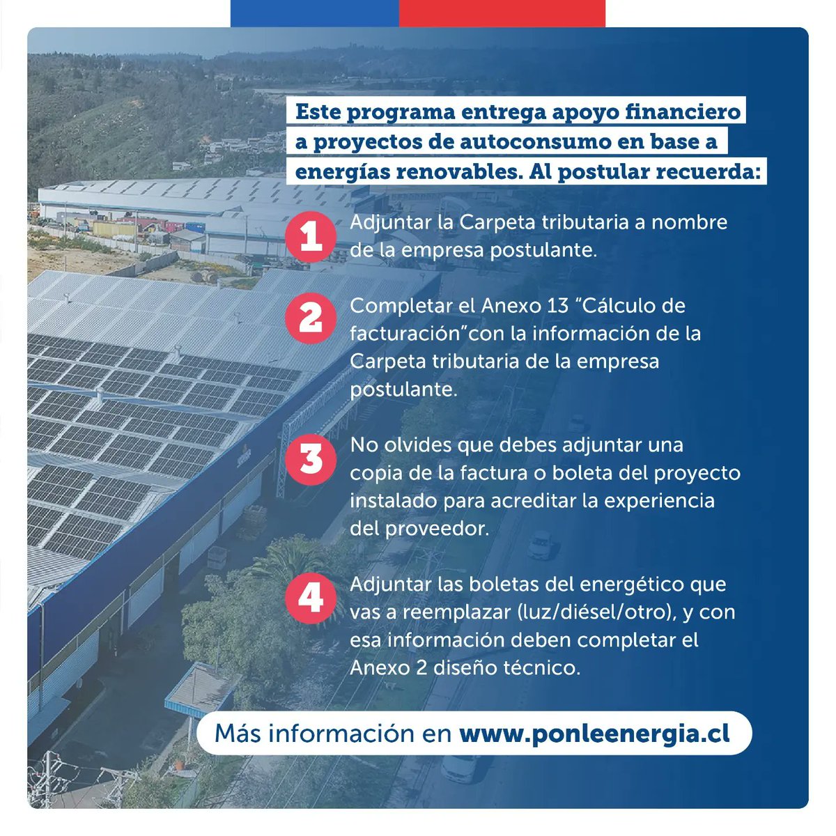 MinEnergia's tweet photo. ¿Quieres que tu empresa sea más eficiente en el consumo de energía y reducir costos? 🧐

Conoce #PonleEnergíaATuEmpresa ⚡️ programa que cofinancia hasta $60 millones, a proyectos de autoconsumo en base a energías renovables.

Postula hasta el 6 de abril → https://t.co/iyiRkbXeey https://t.co/G9ZKfaXCs6
