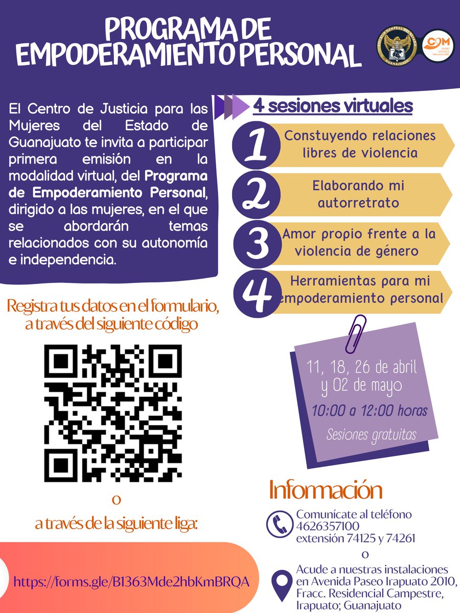 Acompáñanos en nuestra primera emisión en la modalidad virtual de nuestro Programa de Empoderamiento Personal. La cita es el martes 11 de abril de 2023, puedes reservar tu lugar escaneando el código QR o en: forms.gle/B1363Mde2hbKmB… ¡Te esperamos!