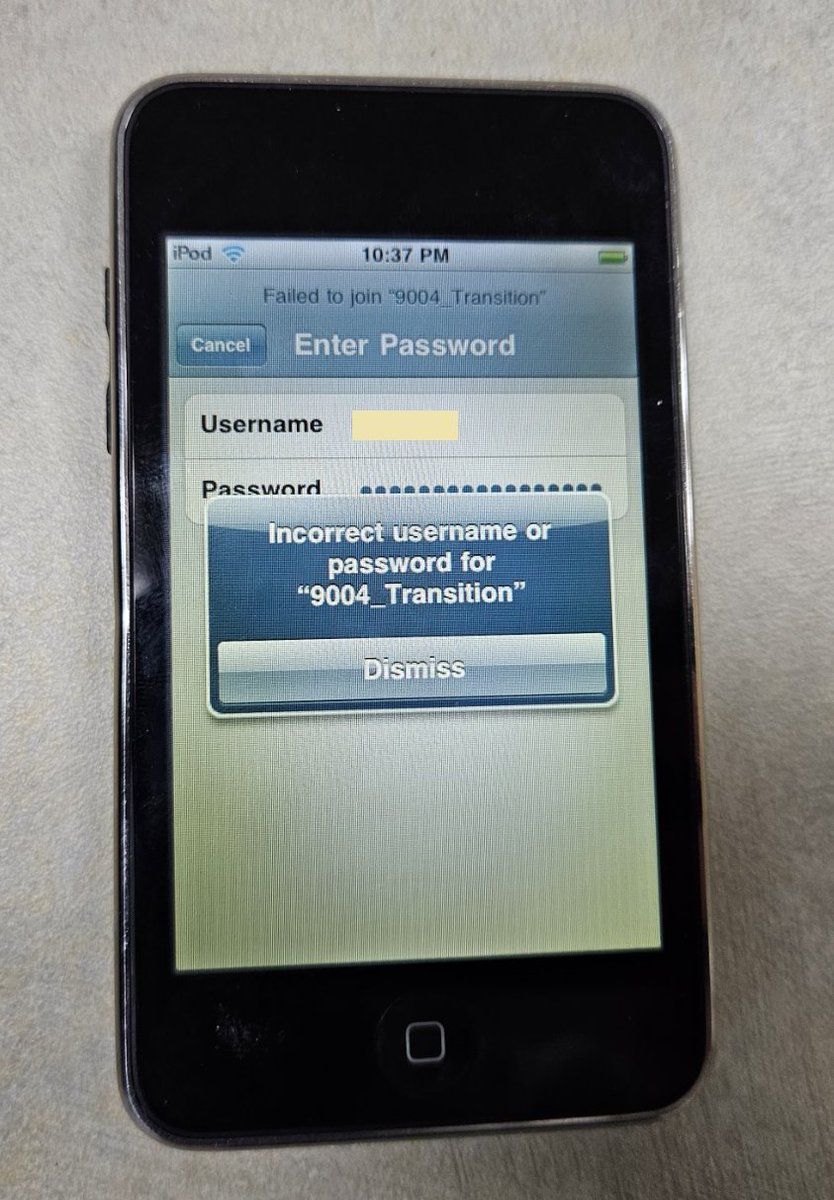 yanzzee's tweet photo. This 2nd generation iPod touch can't connect to a WPA3 Enterprise WiFi network.😁 Then again I don't think it can do dot1X at all.
Everything else we tested out of the archive worked so far! https://t.co/zq1o7iYqbT