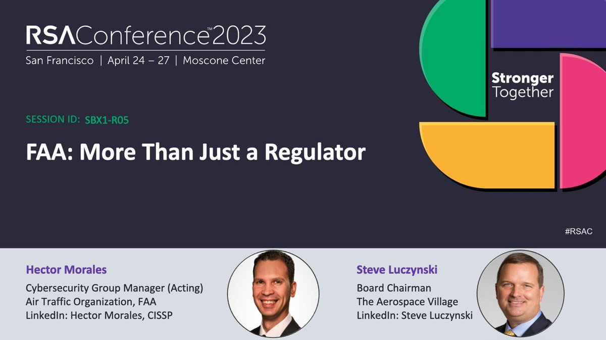 Mark your @RSAConference 🗓️

Join #AerospaceVillage Chairman @cyberpilot22 & @FAANews' Hector Morales for a talk on the FAA’s role in security the nation’s aerospace system. 

Departure Time: 

Thursday, April 27 @ 1:00 PM PT in the #RSAC Sandbox.