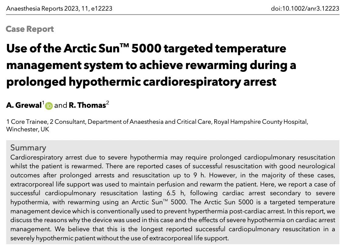 Anaes_Reports's tweet image. This may be the longest reported successful CPR (6.5 hours!) in a severely hypothermic patient (23°C!) without the use of ECLS.

Using the Arctic Sun, the patient was warmed by 1°C/hour.

He made a full neurological recovery.

#FreeForAWeek

👉 …-publications.onlinelibrary.wiley.com/doi/10.1002/an…