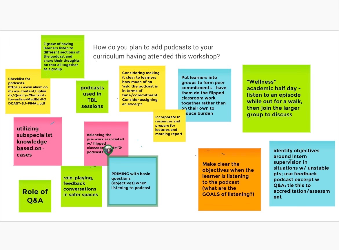 Great take homes generated by our workshop participants on integrating podcasts into medical curriculum.  How do you use podcasts in teaching? #AIMW23 #MedEd