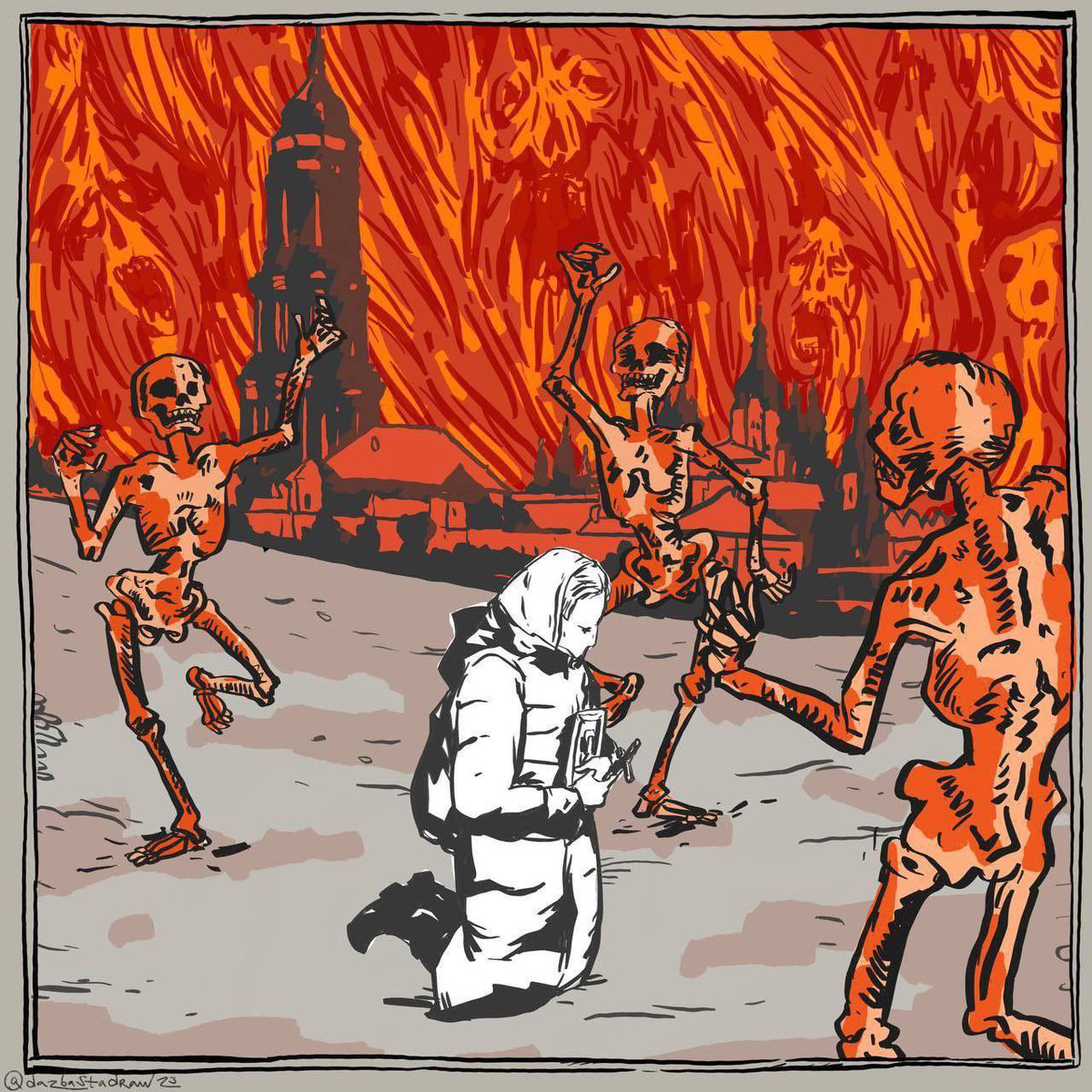 Ceux qui ont vu la vidéo sauront à quoi ce dessin fait allusion. C'est génial parce que cela rend bien la dimension apocalyptique (au sens de l'Ecriture Sainte) de la scène.