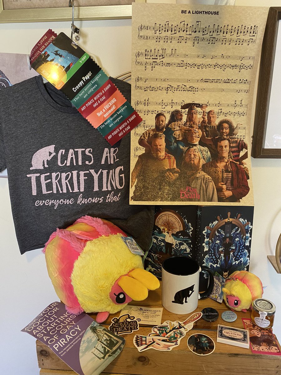 AprilflowersT's tweet photo. All of my merch and swag from C2E2 is our flag means death themed, except the two Loki things I got ๐ #c2e2 #ofmd #c2ecrew https://t.co/y22DCbB0Ww