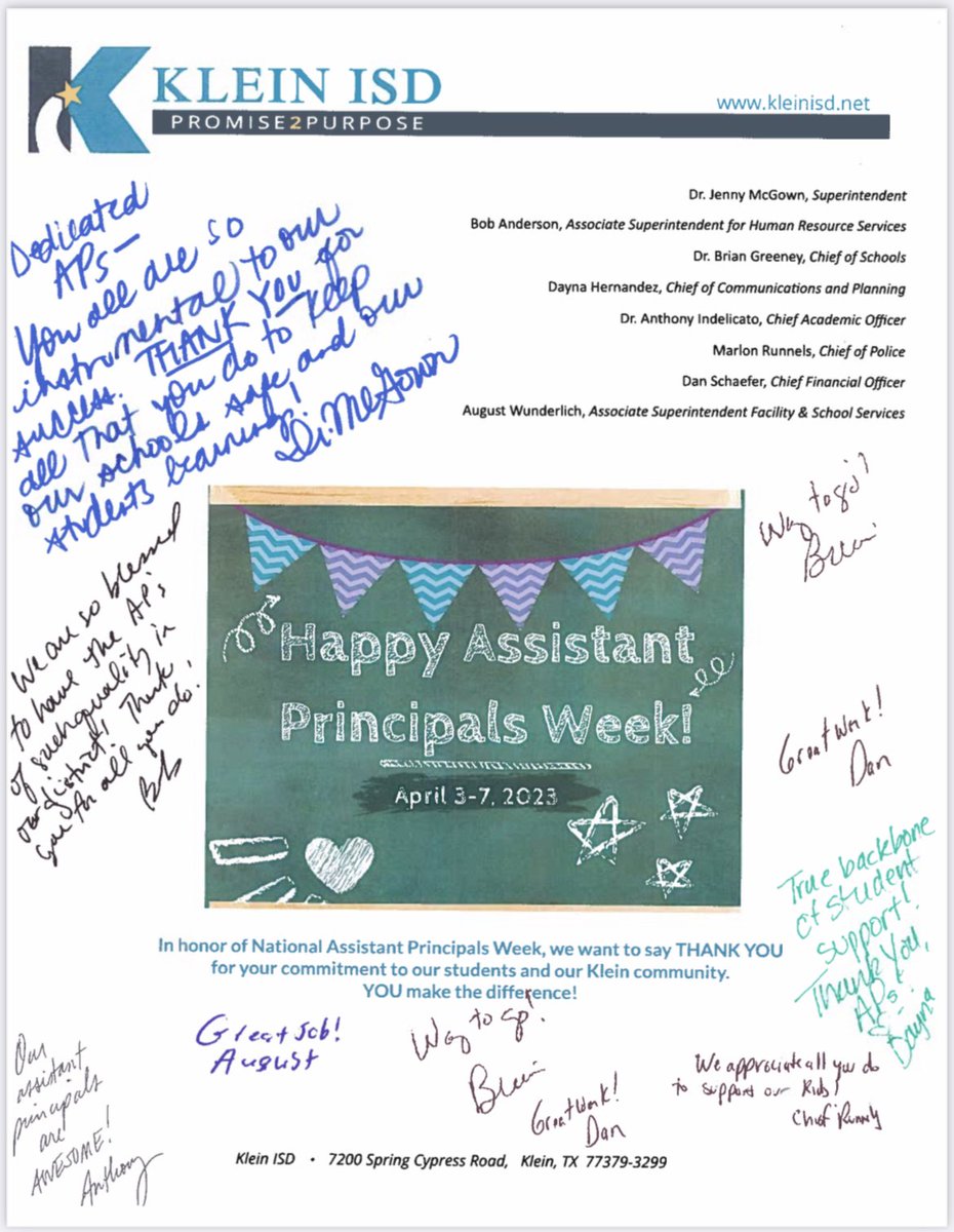 Thank you to our amazing district @KleinISD for recognizing the hard work we do everyday as the Assistant Principal! Thankful to work for the privilege to work among leaders with a heart for their people! #kleinfamily