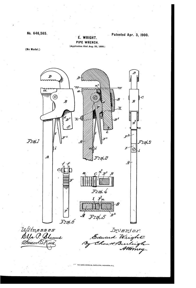 On this date in #innovation history: Edward Wright receives a #patent in 1900 for his #invention of an adjustable pipe wrench. Like many patent owners, he used his #property right to start the still-running @Wright_Tool company. #PatentsMatter #startup @uspto @USinventor