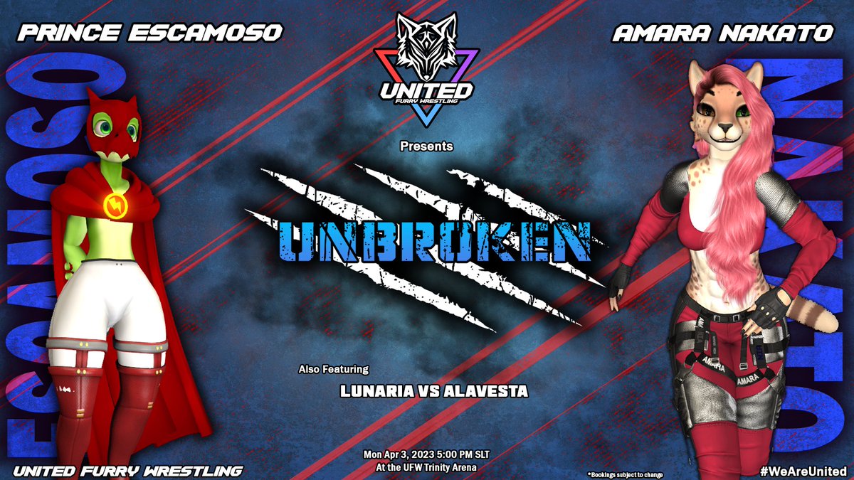 UFW_SL's tweet photo. Monday night is upon us, time for Unbroken at 5pm! Tonight we get to see Lunaria test the dangerous waters by taking on Alavesta, and in our main event we hae Amara Nakato facing off with Prince Escamoso! https://t.co/J2EFIA4EoJ https://t.co/8oeMGcICX1