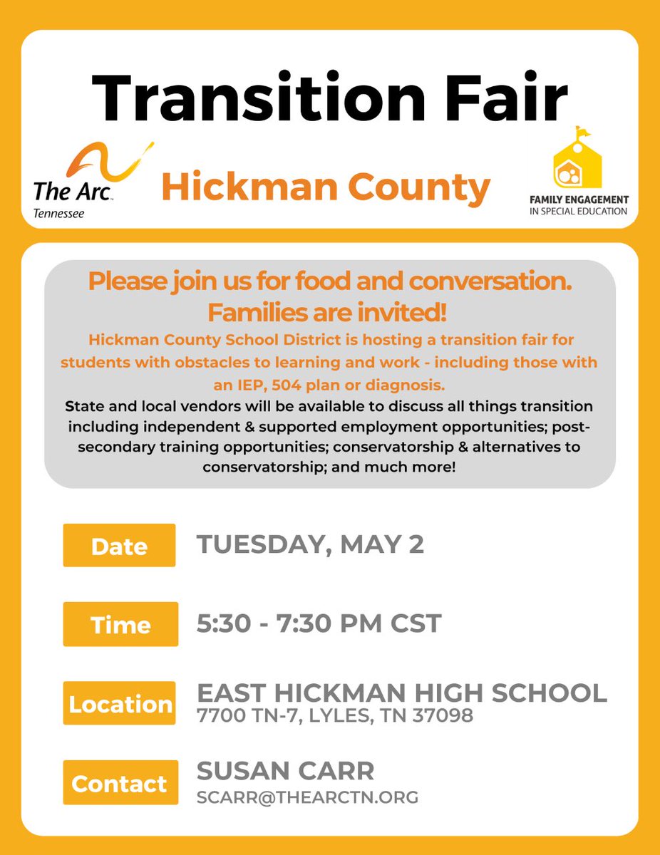 We are very excited to host our first transition fair for students with disabilities. This event will support our middle and high school students/ parents  planning for post secondary opportunities. We look forward to seeing our families on May 2nd at East Hickman High School.