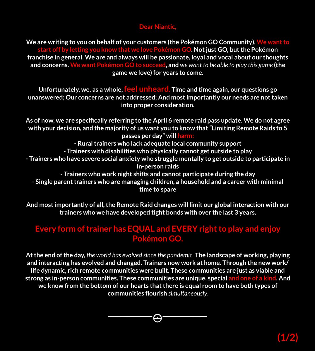 PoGoMiloUK's tweet photo. It's time #PokemonGOfriends to stand together &amp; say #HearUsNiantic 
Below is a letter expressing our concerns &amp; displeasure with the Remote Raid Pass update. 
#PokemonGORaids
Please retweet! Let's get our voices heard! 
#PokemonGO 
@NianticLabs @Pokemon @PokemonGoApp https://t.co/Pdshn8OfM8