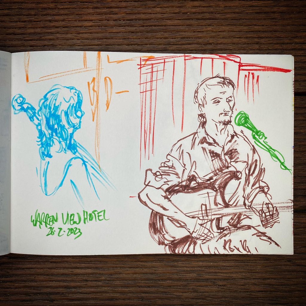 TimMcEwen67's tweet photo. Final piece from a lovely Sunday evening at #TheWarrenViewHotel a few weeks ago. This one features Griffin Ford and cellist Ella. 

#thewarrenview #warrenviewhotel #warrenview #pubsketch #pubsketchers #pubsketches #pub #drawingwhiledining #drawingwhilegigging #urbansketch https://t.co/m88lCg1H6Q