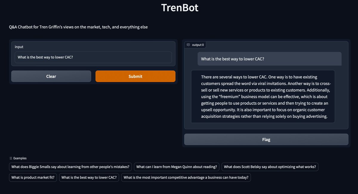 villageideate's tweet photo. To learn more about how to extend @OpenAI’s LLM, I built what I affectionately call “TrenBot”. My friend @trengriffin has years of wisdom within his https://t.co/MPkokWscCY site, so I used Beautiful Soup, @langchain, Chroma, and @Gradio to create a custom chatbot to query it. https://t.co/Zv4N8E1zuB