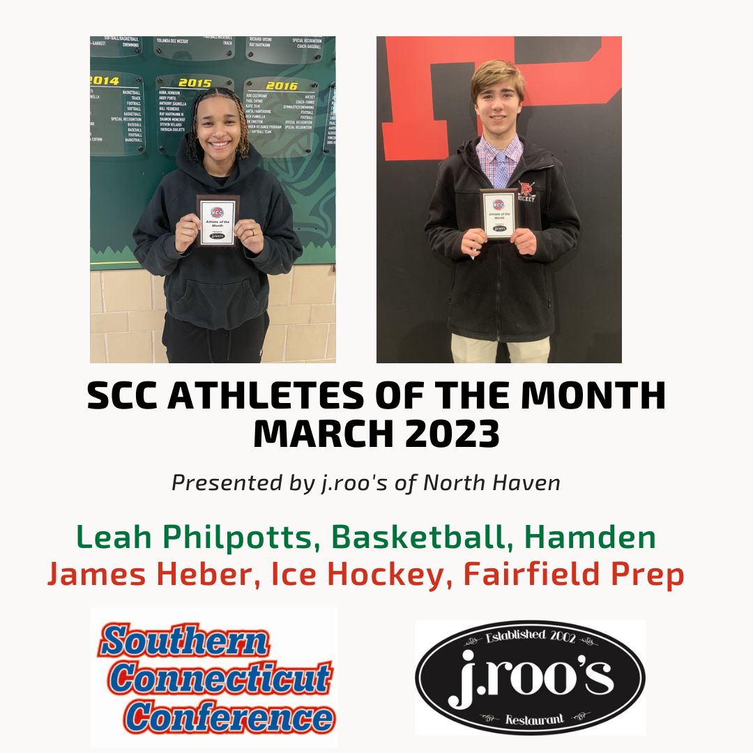 SCCcommissioner's tweet photo. Congrats to @AthleticsHamden #ctgb Leah Philpotts and @FPrepAthletics #cthk James Heber, the SCC's Athletes of the Month for March, presented by j.roo's of North Haven #statechampions

https://t.co/ZsRqb2a2K8 https://t.co/czFArKcnn4