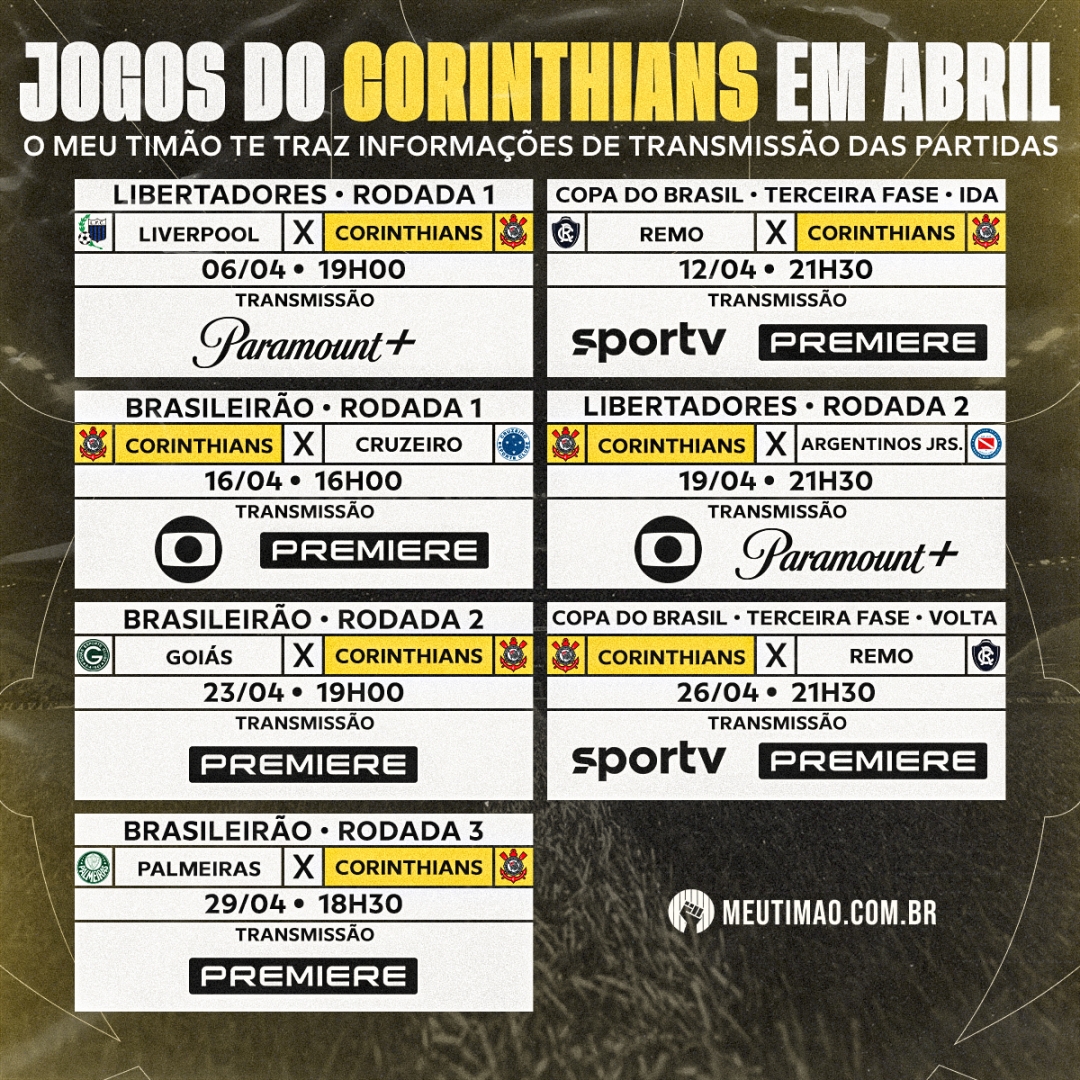 Meu Timão on X: Saiba onde assistir aos jogos do Corinthians em abril   / X