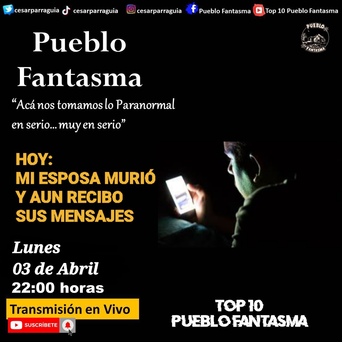 CesarParraGuia's tweet photo. Comencemos una nueva semana de la mejor manera. Esta noche de Lunes los esperamos a partir de las 22 horas para compartir juntos los mejores relatos de terror totalmente verídicos.
@CesarParraGuia @KenerLooR @francoinostroza
#PuebloFantasma #CesarParra #paranormal #Terror https://t.co/8JF3AvChV6