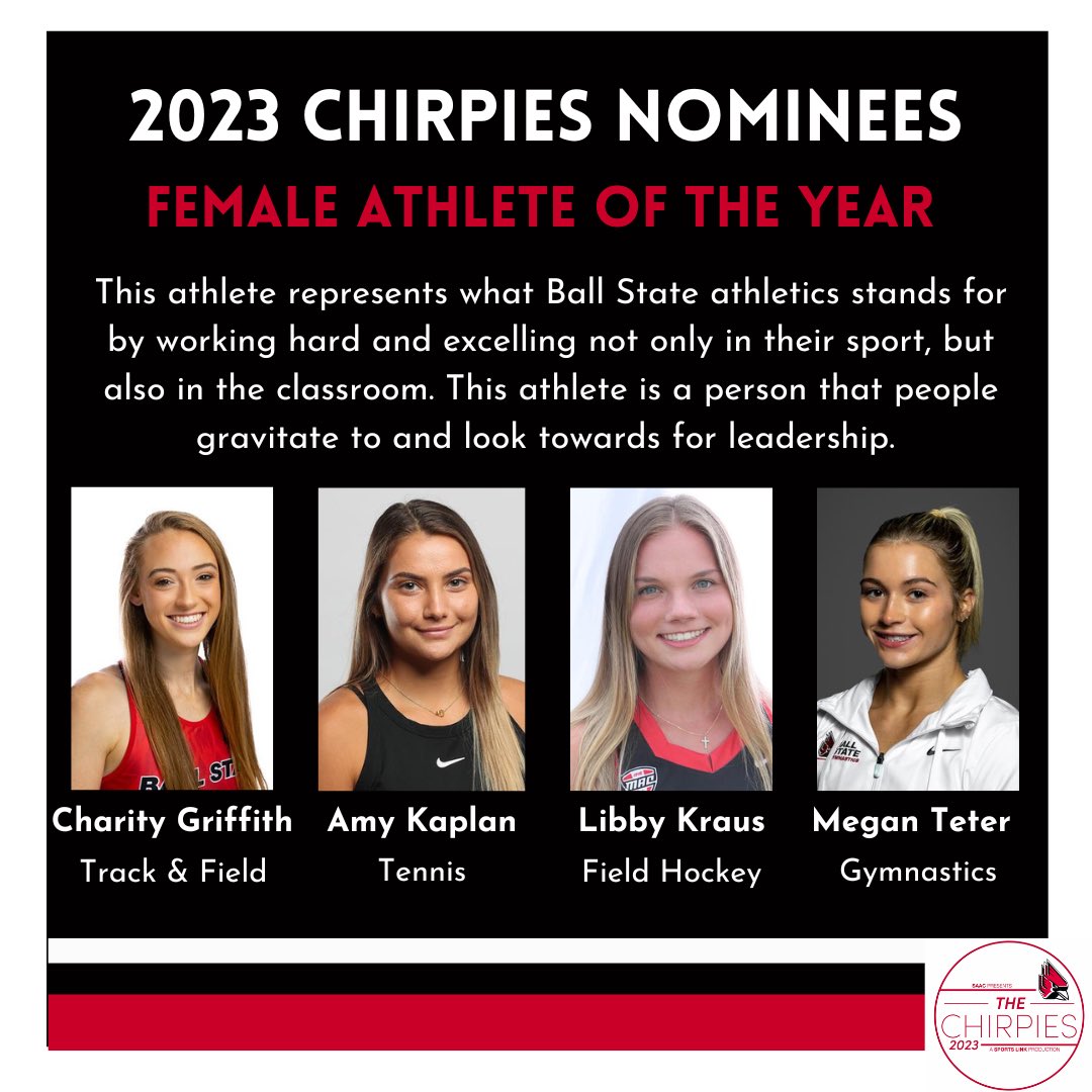 BallStateSAAC's tweet photo. @bsusportslink made it official today with their nomination show! Presenting your nominees for the 2023 male and female athletes of the year! 

Stay tuned for more Chirpies content as the countdown to the #2023chirpies continues! #chirpchirp #ballstatesaac https://t.co/MB9pimnzpK