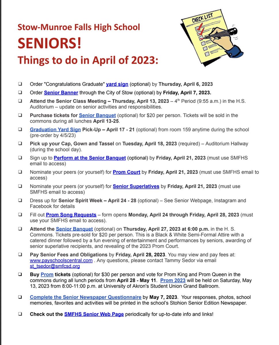 smfhsclassof23's tweet photo. Here is a picture of the April senior to do list. Save this to your camera roll so you don’t miss any important due dates!! https://t.co/nJsByLrokK