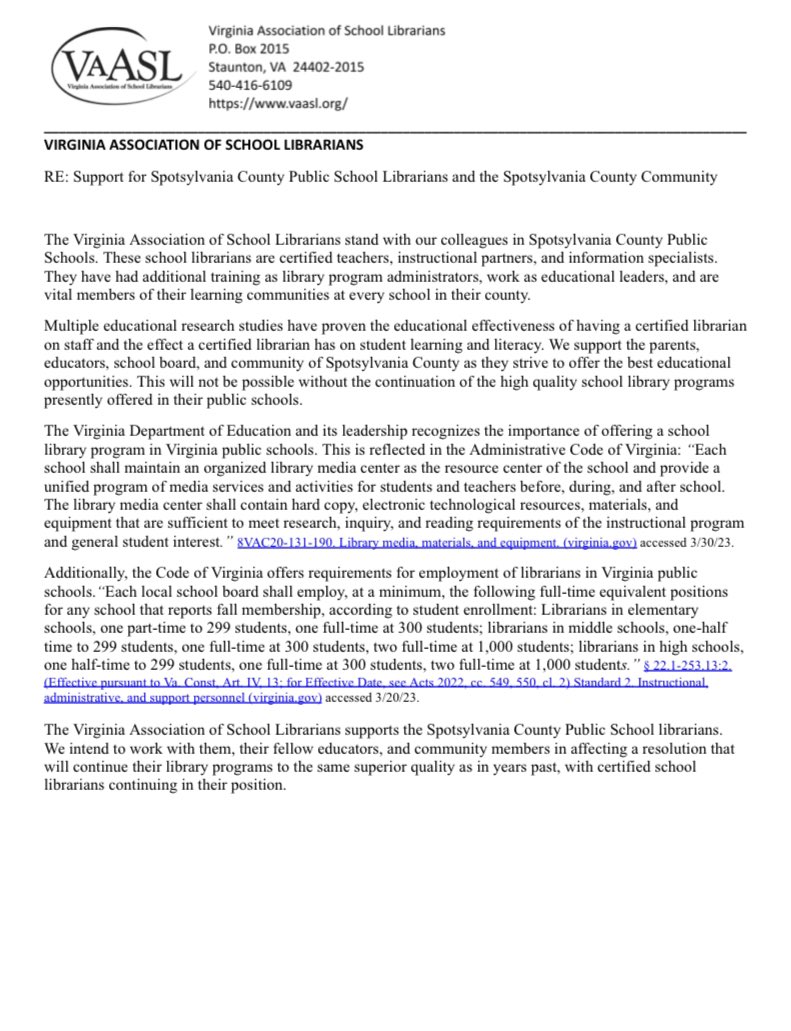 VAASL supports the Spotsylvania County Public School librarians. We intend to work with them in affecting a resolution that will continue their library programs to the same superior quality as in years past, with certified school librarians continuing in their position.